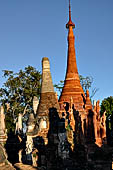 Inle Lake Myanmar. Indein, on the summit of a hill the  Shwe Inn Thein Paya a cluster of hundreds of ancient stupas. Many of them are ruined and overgrown with bushes.